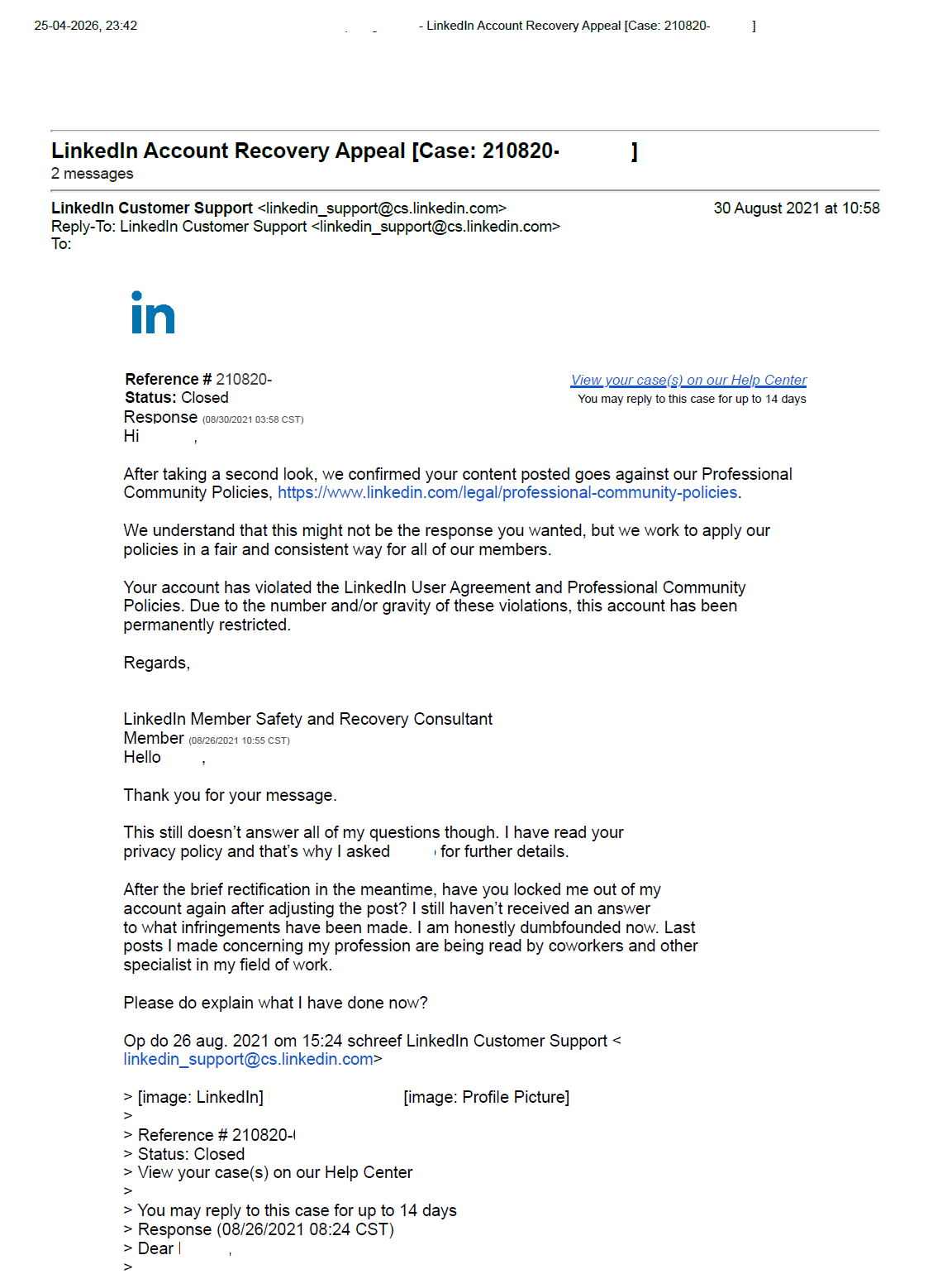 LinkedIn second review — permanent restriction confirmed, 30 August 2021, redacted